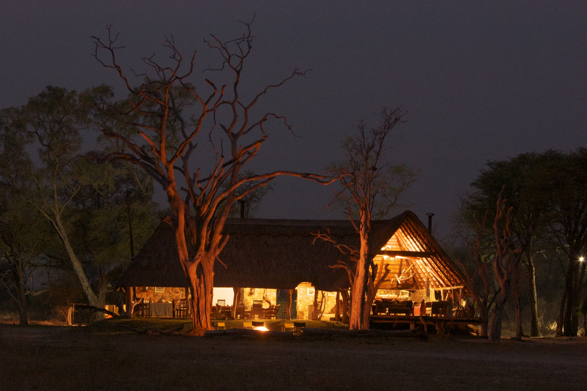 Bomani Main Lodge at night